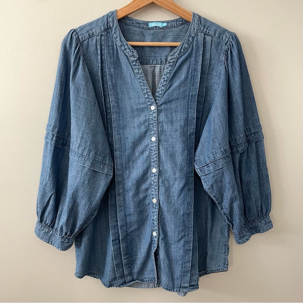 J. McLaughlin Laramie Chambray Linen Blend Blouse - Picture 2 of 13